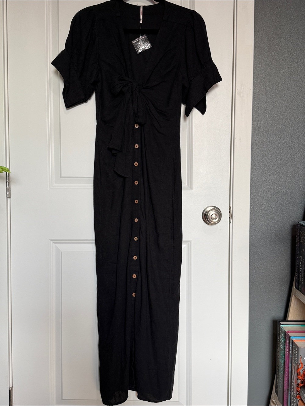 Free People Black Midi Button-Front Knot Dress - Picture 3 of 6